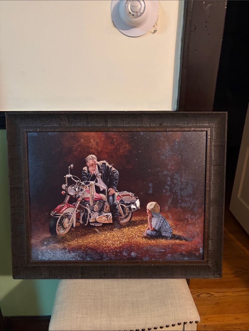 Framed Motorcycle Oil Painting - Red Motorcycle with Rider